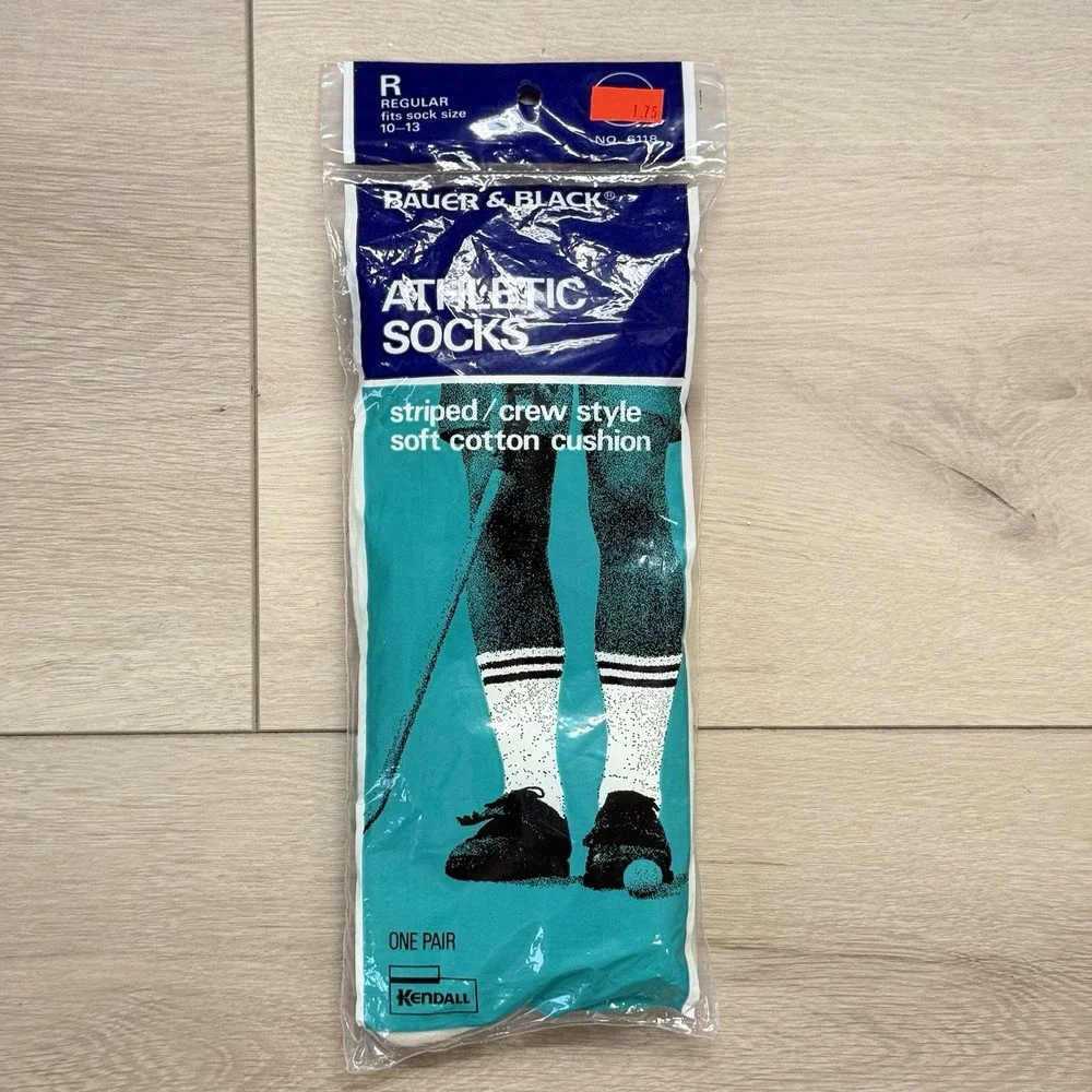 Vtg Bauer & Black Athletic‎ Socks R 10–13 Navy Scarlet Striped Crew USA NIP